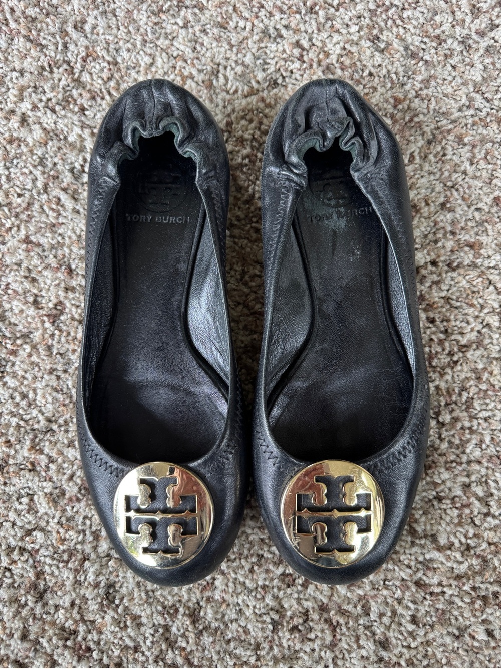 Tory Burch Black Leather Ballet Flats with Gold Logo Medallion